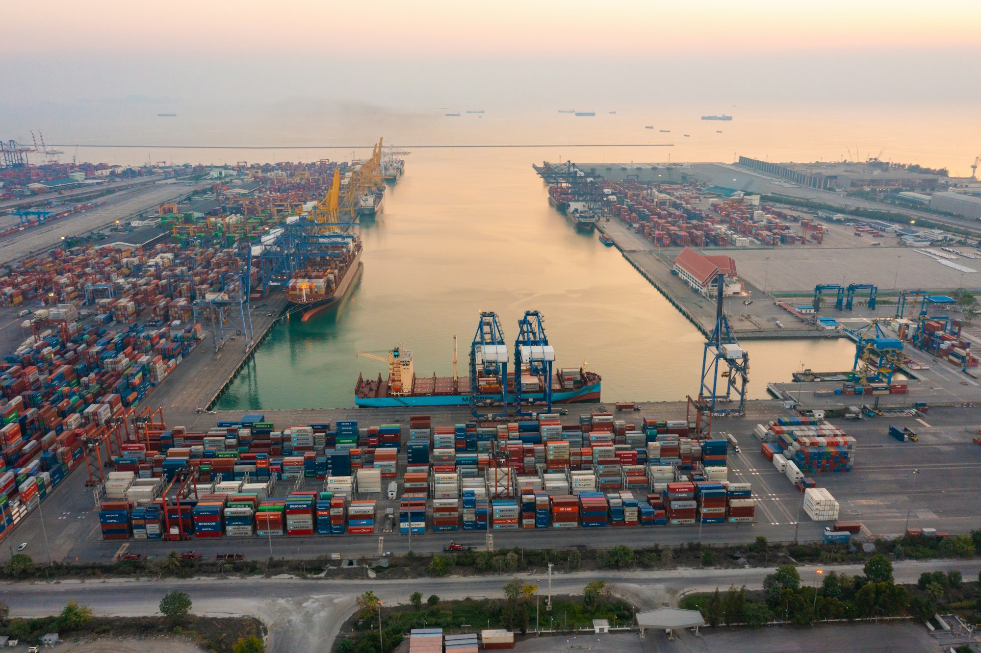 Aerial top view of container cargo ship in the export and import business and logistics